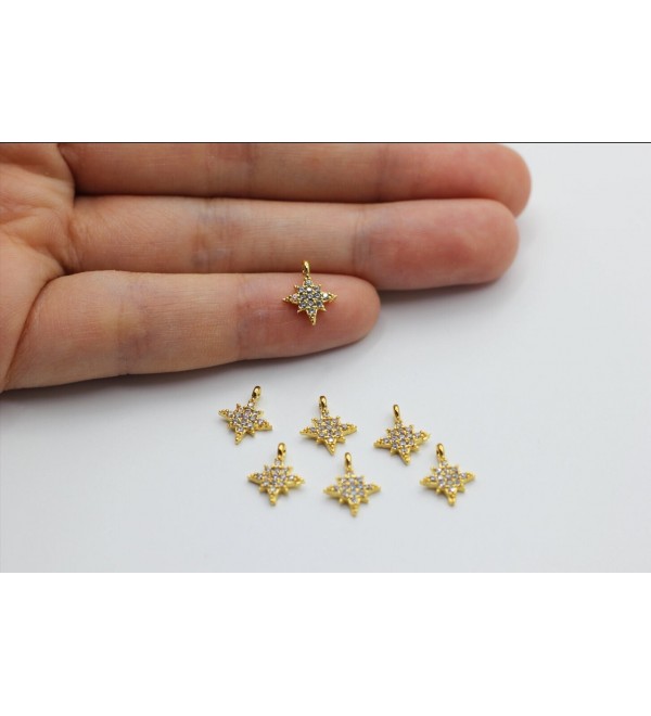 24k Gold Plated CZ Micro Pave Pole Star Charm, CZ Pave North Star Charms, Cubic Zirconia Charms, Gold Necklace Findings CZ-1060