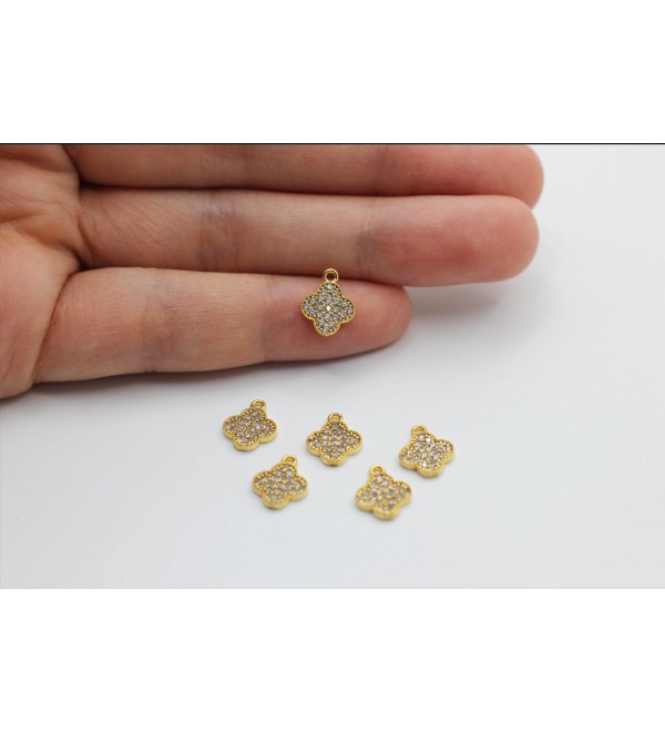 24k Shiny Gold Plated Clover Charm, CZ Micro Pave Clover Charm, CZ Pave Necklace Charms, Cubic Zirconia Jewelry Findings CZ-1061