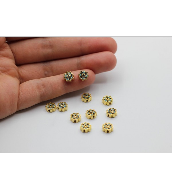 24K Shiny Gold Plated CZ Micro Pave Flower Beads, CZ Pave Flower Charms, Cubic Zirconia Flower Bracelet Charms, Flower Beads CZ-1044