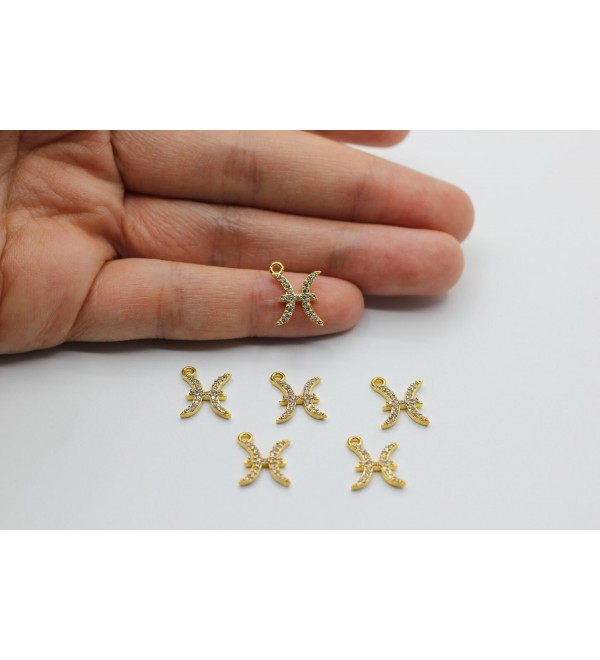 24k Shiny Gold Plated CZ Zodiac Signs Charms, Pisces Charm, Astrology Charms, Pave Zodiac Charms for Bracelet, Horoscope Charms CZ-1069