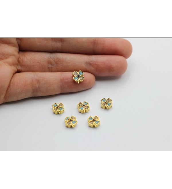 24K Shiny Gold Plated Clover Charm, CZ Micro Pave Clover Beads, Pave Clover Charms, Pave Evil Eye Bracelet Charms, Clover Beads CZ-1084