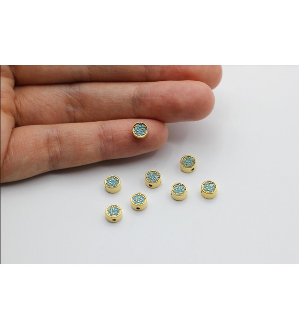 24K Shiny Gold Plated Round Cubic Zirconia Charm, Turquoise Stone Bead, Mini Cubic Zirconia Connector, Gold Plated Jewelry Supplies CZ-1083