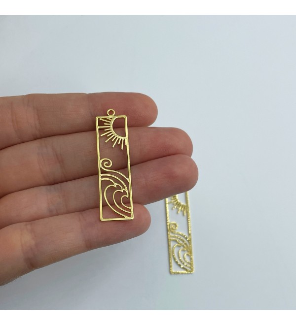 24k Gold Plated Bar Charm, Sun and Waves Bar Charm Pendant, Rectangle Sun and Breeze Earring Bar Charm, Laser Cut Jewelry Supplies GLD-1117