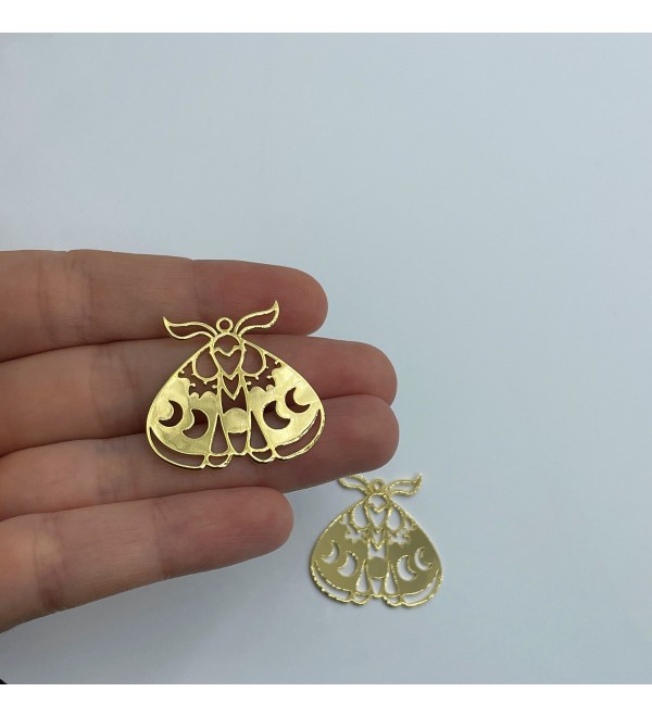 24k Gold Plated Moth Charm, Moon Phases on Moth Charm, Moth Pendant, Mystical Charms for Jewelry Making, Gold Plated Earring Charms GLD-1314