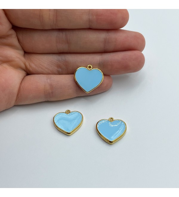 24K Shiny Gold Plated Heart Charm, Enamel Heart Pendant, Baby Blue Heart Charm, Necklace Findings, Jewelry Supplies CZ-1087