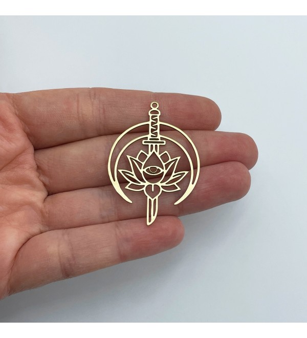 Brass Lotus and Knife Charm, Raw Brass Earring Charms, Polymer Clay Earring Charms, Lotus Charm, Sword Charm 31x44x0.80mm RW-1788