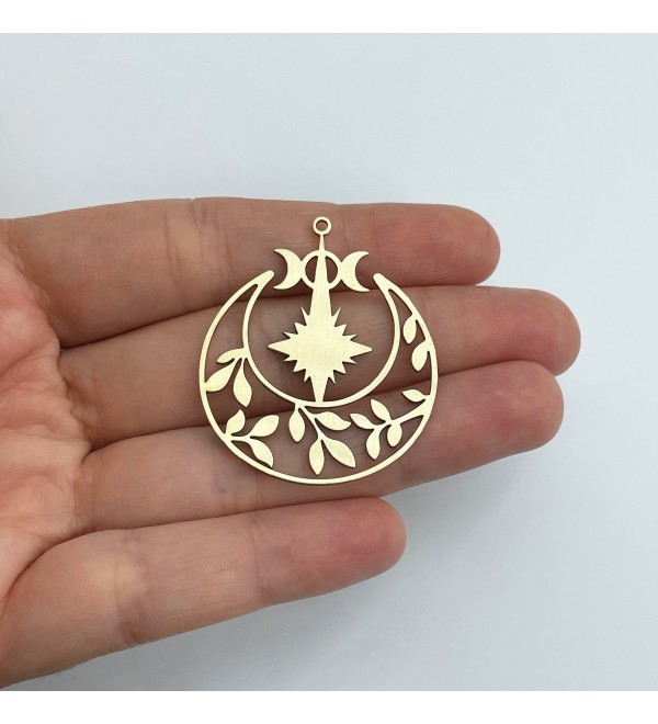 Raw Brass Crescent Moon and Star Charm, Brass Leaf Charm, Laser Cut Moon Phases Charm, Brass Jewelry Components 36x42x0.80mm RW-1805