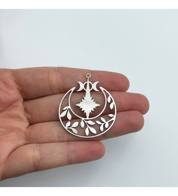 Stainless Steel Crescent Moon and Star Charm, Leaf Charm, Laser Cut Moon Phases Charm, Steel Jewelry Components 36x42x0.80mm STL-3805