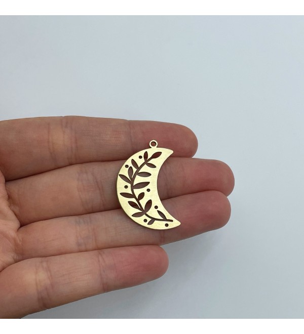 Raw Brass Crescent Moon Charm, Branch Leaf Charm, Brass Findings, Laser Cut Jewelry Components, Earring Charms 21x31x0.80mm RW-1796