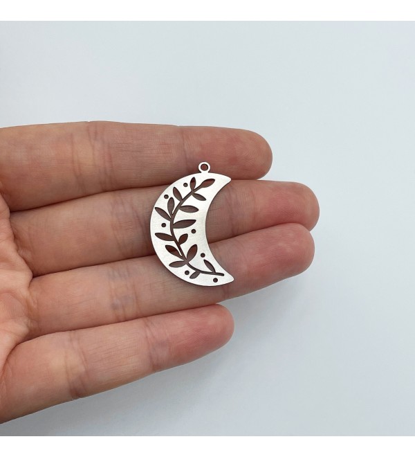 Stainless Steel Crescent Moon Charm, Branch Leaf Charm, Steel Findings, Laser Cut Jewelry Components Charms 21x31x0.80mm STL-3796