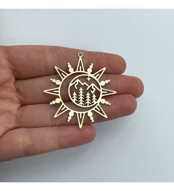 Raw Brass Sun Charm, Brass Crescent Moon Charm, Laser Cut Jewelry Components, Brass Earring Charms Findings 43x46x0.80mm RW-1802