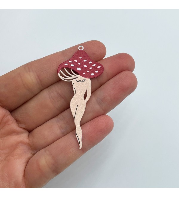 Nude Red Mushroom Charm, Painted Stainless Steel Mushroom Pendant, Mushroom Lady Charm, Brass Earrings Charms Findings  PTD-1041