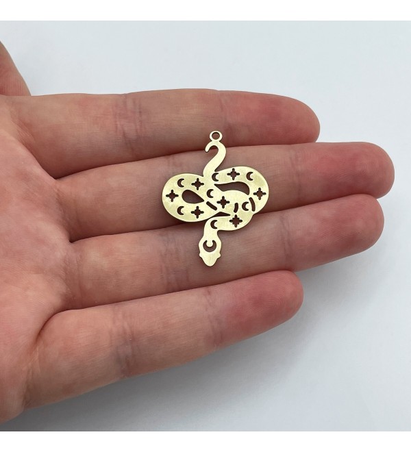 Raw Brass Snake Charm, Moon Phase Snake Earring Charm, Celestial Snake Pendant, Laser Cut Brass Jewelry Making Supplies 24x33x0.80mm RW-1862