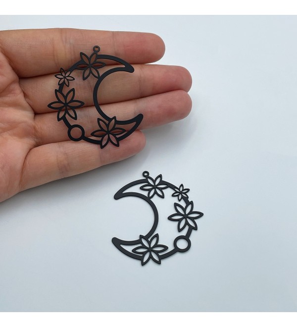 Black Plated Crescent Charm, Crescent Flower Charm, Crescent Moon Earring Charm, Steel Earrings Finding Laser Cut Jewelry Supplies P-1387