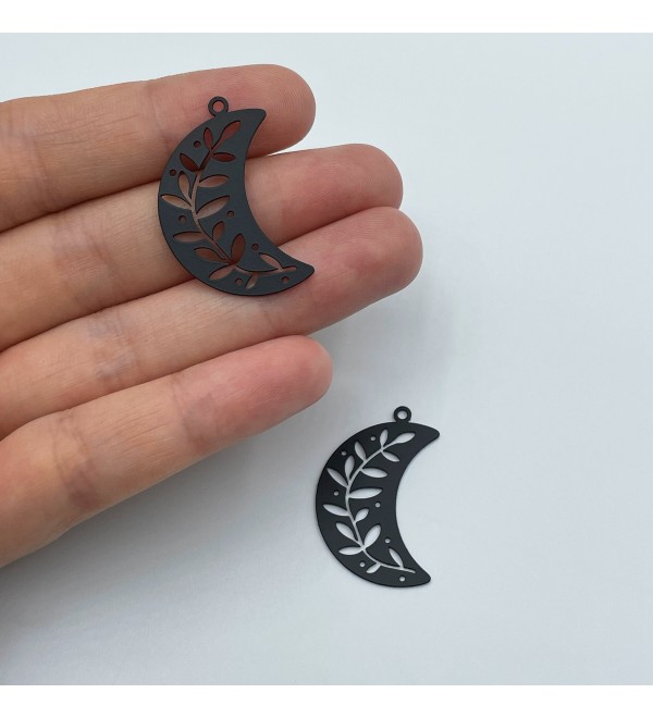 Black Plated Crescent Moon Charm, Branch Leaf Charm, Steel Findings, Laser Cut Jewelry Components Black Plated Earring Charms P-1796