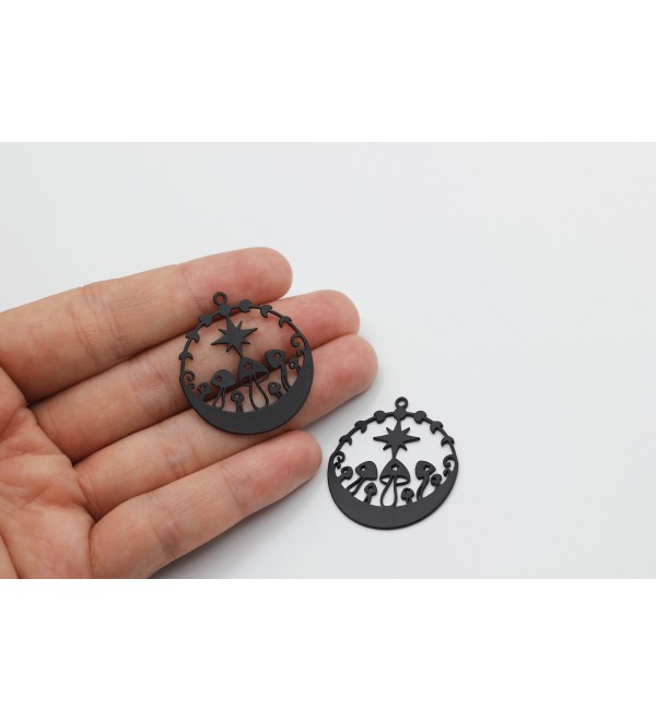 Black Plated Mushroom Charm, Moon Phases and Star Mushroom Pendant, Fairy Mushroom Charm, Laser Cut Stainless Steel Jewelry Supplies P-1369