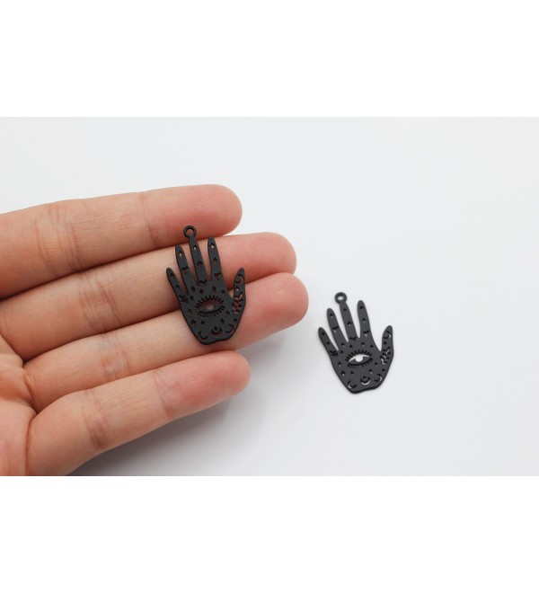 Matte Black Plated Hand Charm, Stainless Steel Earring Charms, Palmistry Hand Charm, Hamsa Hand Charm, Mystical Celestial Charms P-1290