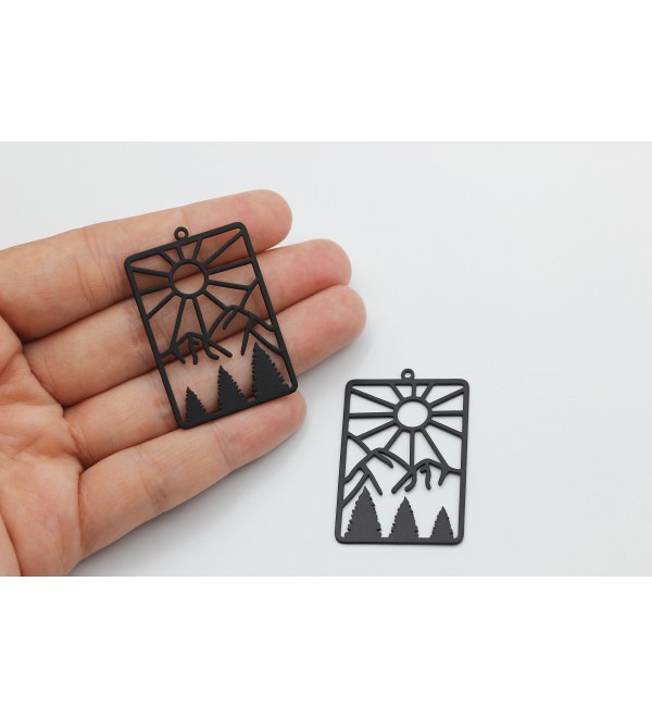 Black Plated Sun Mountain Charm, Steel Rectangle Sun Earring Charms, Steel Earring Charms, Jewelry Making Supplies P-1925