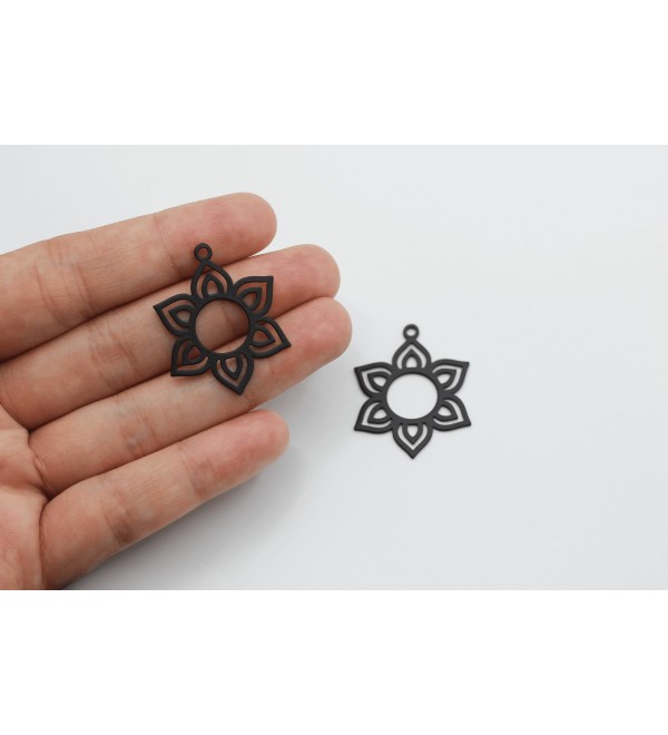 Black Plated Flower Charm, Stainless Steel Mandala Flower Necklace Pendant, Floral Mandala Earring Charm Laser Cut Chakra Charm P-1053