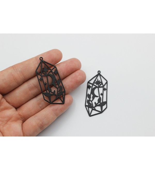 Black Plated Geometric Crystal Charm, Magic Crystals Charm Pendant, Celestial Mystical Witchy Magic Charms Laser Cut Jewelry Supplies P-1555