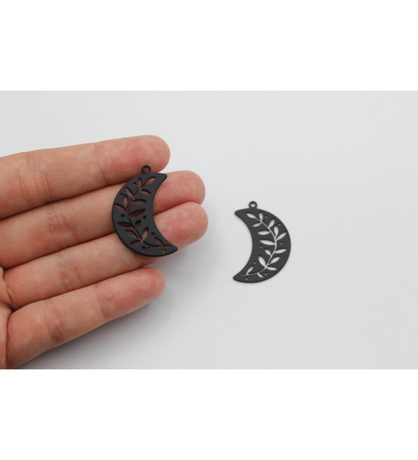 Black Plated Moon Charm, Branch Leaf Charm, Stainless Steel Creescent Moon Charm, Jewelry Components Black Plated Earring Charms P-1796