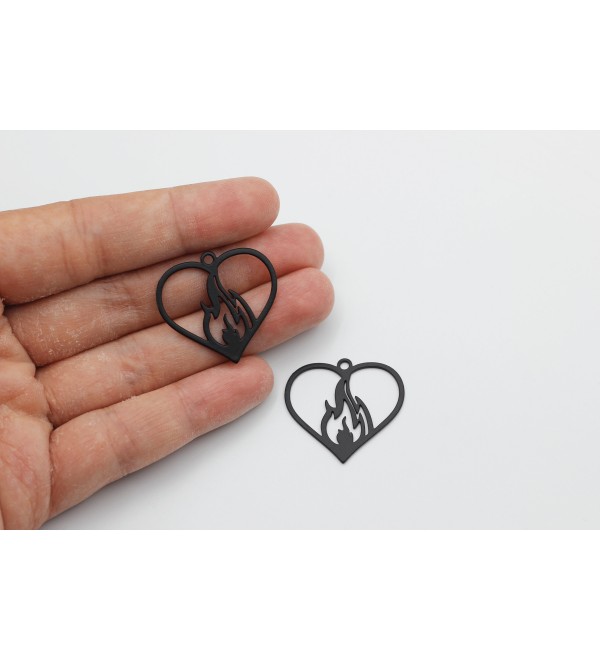 Black Plated Heart Charm, Flaming Heart Charm Pendant, Love Charm, Burning Fire Heart Pendant Laser Cut Jewelry Supplies P-1043