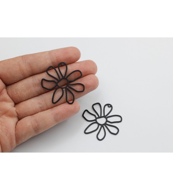 Black Plated Flower Charm, Flower Pendant, Steel Flower Earring Findings, Laser Cut Stainless Steel Jewelry Making Supplies P-1003