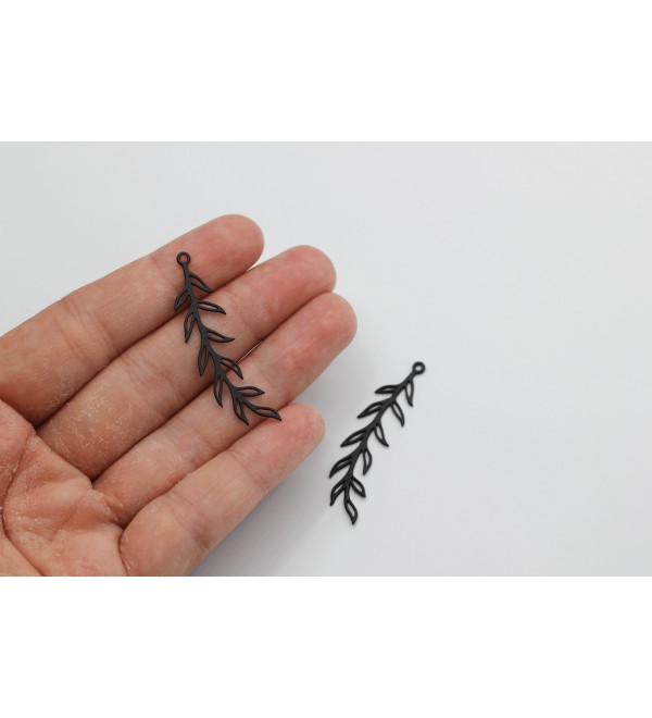 Black Plated Olive Branch Charm, Branch Pendant, Leaf Charm, Leaf Pendant, Stainless Steel Jewelry Supplies, Laser Cut Charms P-1205