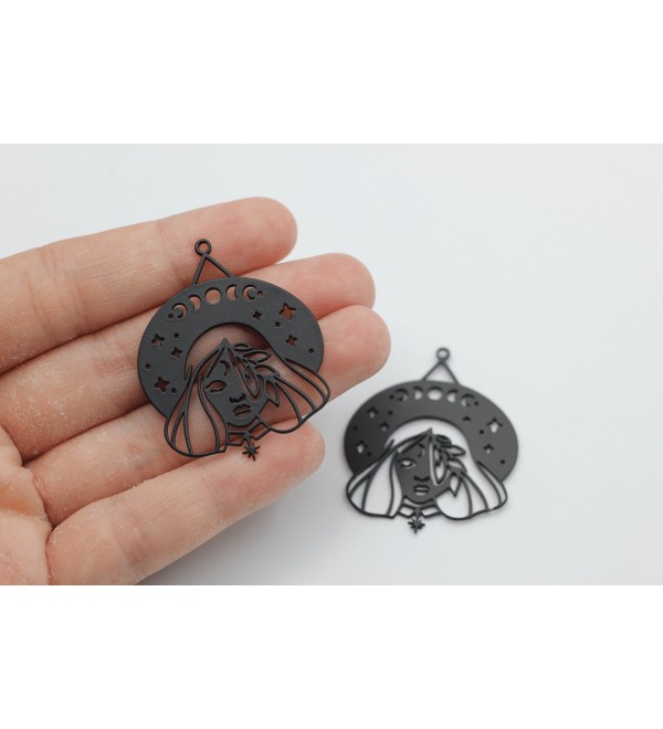 Black Plated Witch Charm, Witch Pendant, Steel Girl Face Charm, Moon Phase Celestial Charms, Witchy Charms Laser Cut Jewelry Supplies P-1357