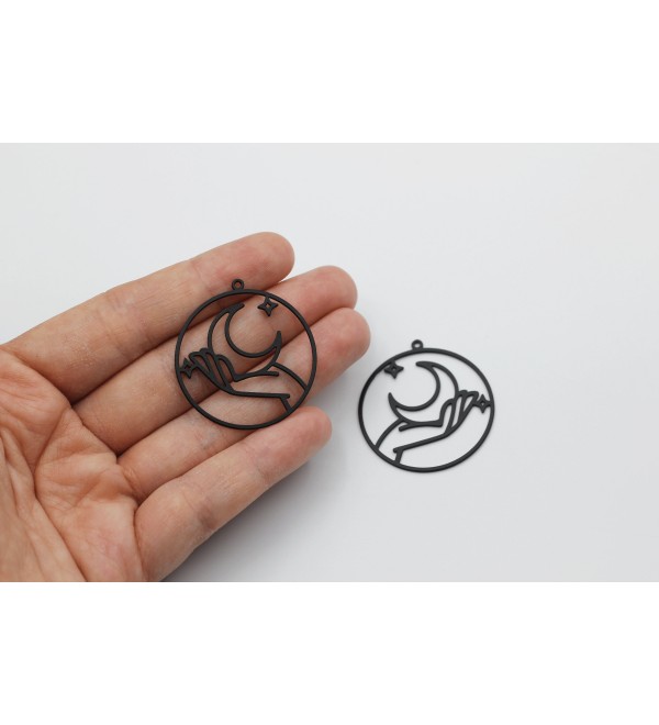 Black Plated Moon Charm, Round Hand and Moon Charm, Hand Charm, Stainless Steel Earring Charms, Laser Cut Jewelry Making Supplies P-1427