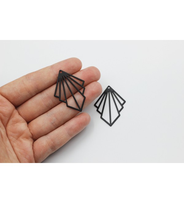 Black Plated Fan Shaped Charm, Geometric Earring Charm, Rhombus Dangle Pendant, Earring Connector, Laser Cut Steel Earrings P-1490