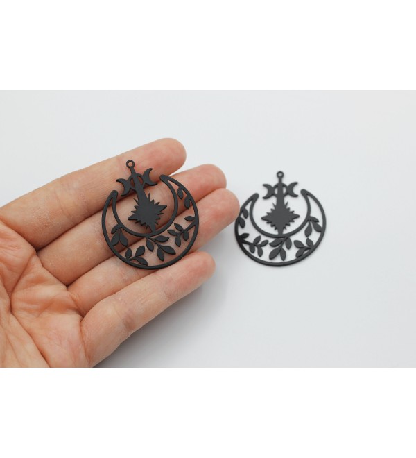 Black Crescent Moon and Star Charm, Steel Leaf Charm, Laser Cut Moon Phases Charm, Stainless Steel Jewelry Components P-1805