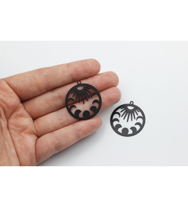 Black Plated Moon Phase Charm, Steel Sun and Moon Charm, Stainless Steel Earring Charms, Laser Cut Jewelry Making Supplies P-1002