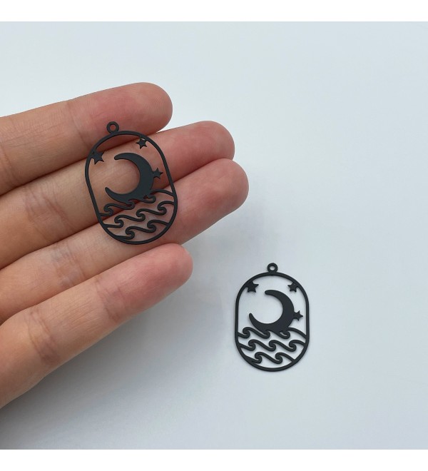 Black Plated Earring Charm, Steel Oval Charm, Moon Stars Waves Charm, Black Plated Earring Findings Laser Cut Jewelry Making Supplies P-1530