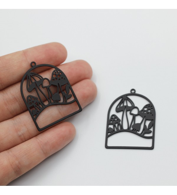 Black Plated Mushroom Charm, Domed Shaped Mushroom Pendant, Laser Cut Charms, Steel Accessories, Earring Connectors, Jewelry Supplies P-1867