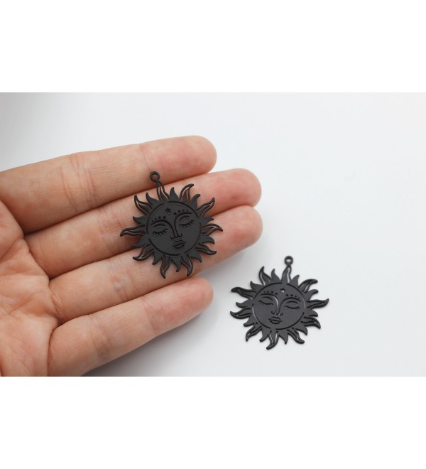 Black Plated Sun Face Charm, Sunburst Pendant, Black Sun Charm, Laser Cut Charm, Steel Earring Findings, Black Plated Findings P-1336