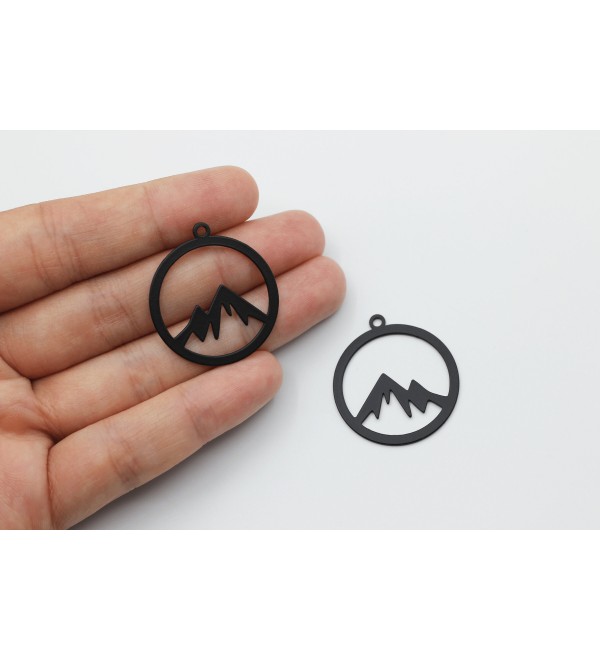 Black Plated Round Mountain Charm, Mountain Range Peaks Charm, Mountain Hill Necklace Pendant, Laser Cut Jewelry Making Supplies P-1027