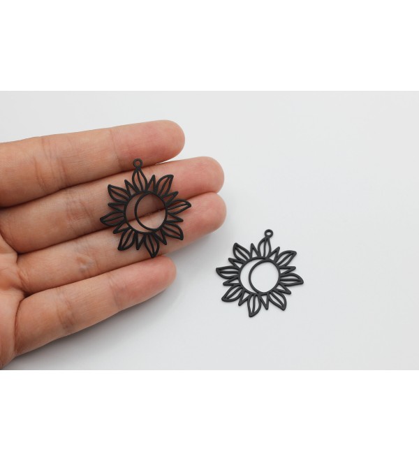 Black Plated Flower Earring Charms, Sunflower Steel Charm, Crescent Moon Flower Charm Pendant, Laser Cut Earring Supplies P-1926