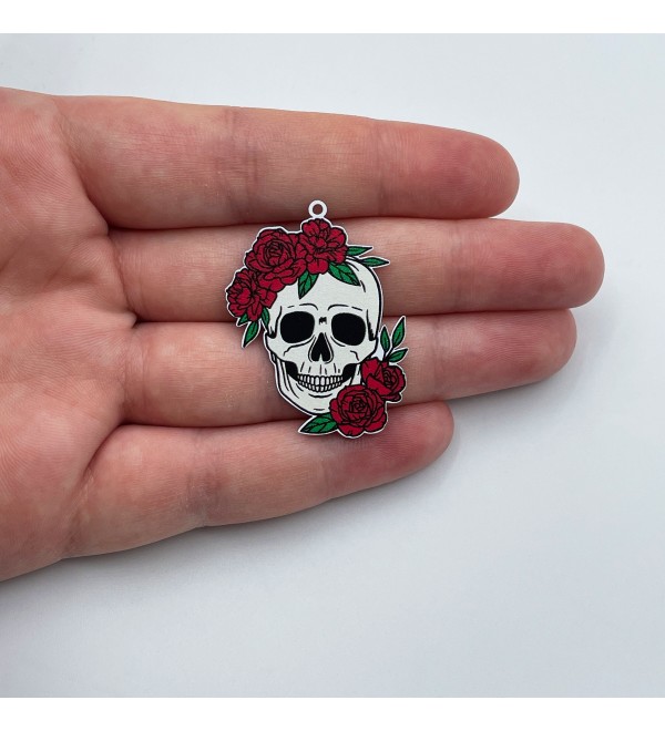 Stainless Steel Skull Charm, Skull and Roses Charm, Colored Halloween Charms, Jewelry Making Supplies, Earring Components PTD-1054