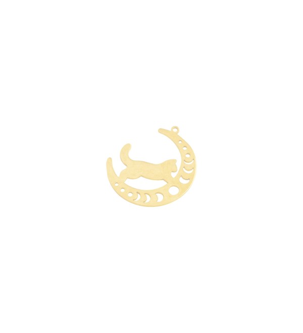 Raw Brass Cat Charm, Cat on Crescent Moon Charm, Brass Earrings Necklace Charms, Earring Findings, Jewelry Supplies 32x33x0.8mm RW-1947