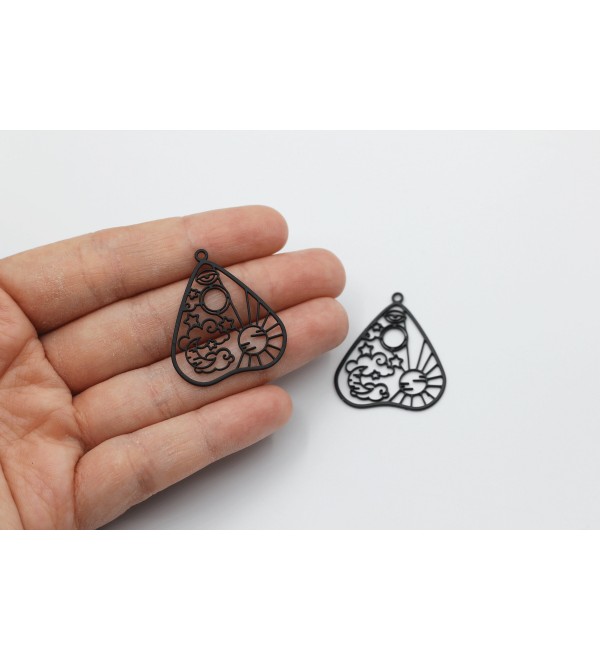 Black Plated Heart Charm, Steel Ouija Board Charm, Stainless Steel Earring Charms Celestial Earring Charm, Laser Cut Jewelry Supplies P-1248