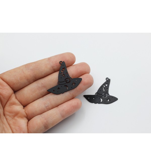 Black Witch Hat Charm, Halloween Jewelry, Hat Earrings, Laser Cut Charm, Black Charm, Earring Findings, Black Plated Findings P-1361