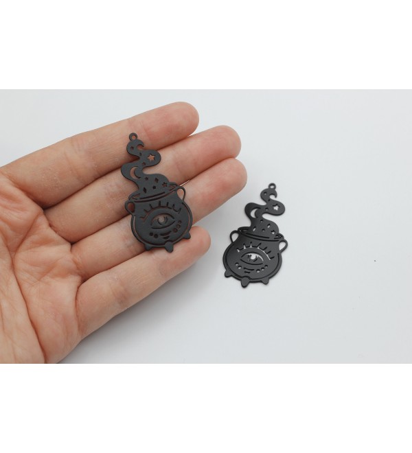 Black Plated Witch Cauldron Charm, Halloween Charms, Boiling Pot Witch Cauldron Pendant, Steel Earring Charms, Jewelry Supplies P-1576