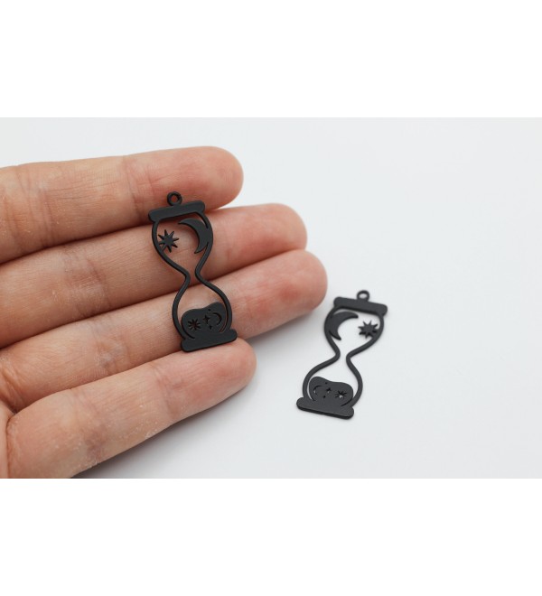 Black Plated Hourglass Charm, Crescent Moon and Stars Charm, Stainless Steel Findings Earring Charms, Laser Cut Jewelry Supplies P-1348