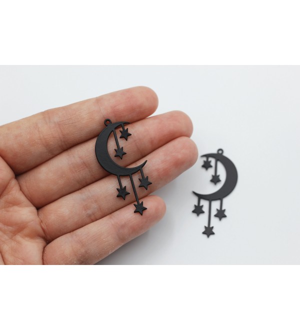 Black Plated Stainless Steel Moon Charm, Crescent Moon and Stars Earring Charm, Geometric Moon Charm, Celestial Earring Charms P-1145