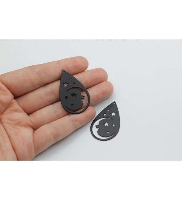 Black Plated Moon Charm, Crescent Moon Face Charm, Drop Moon and Stars Earring Charm, Steel Earring Charms, Jewelry Making Supplies P-1072