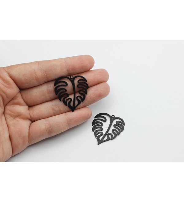 Black Leaf Charm, Black Plated Monstera Leaf Earring Charm, Stainless Steel Earring Findings, Jewelry Supplies, Laser Cut Findings P-1879