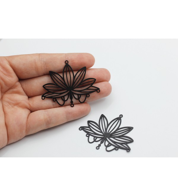 Black Plated Lotus Charm, Suncatcher Charms, Large Charms, 5 Hole Steel Connectors, Laser Cut Steel Jewelry Supplies P-1857