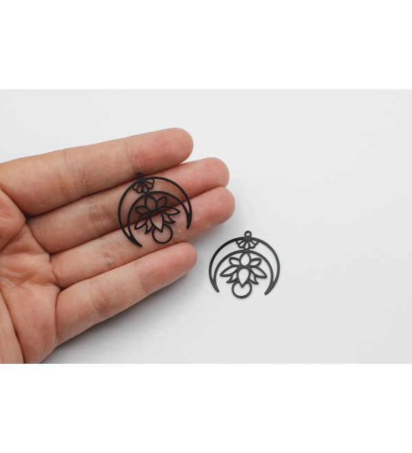 Black Plated Crescent Lotus Charm, Steel Lotus Charm, Laser Cut Stainless Steel Earring Charms, DIY Jewelry Making Supplies P-1735