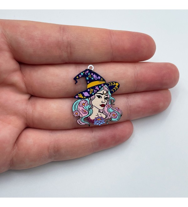 Stainless Steel Witch Charm, Painted Steel Witch Hat Charm, Halloween Charms, Wicca Pagan Charms, Jewelry Making Supplies PTD-1055